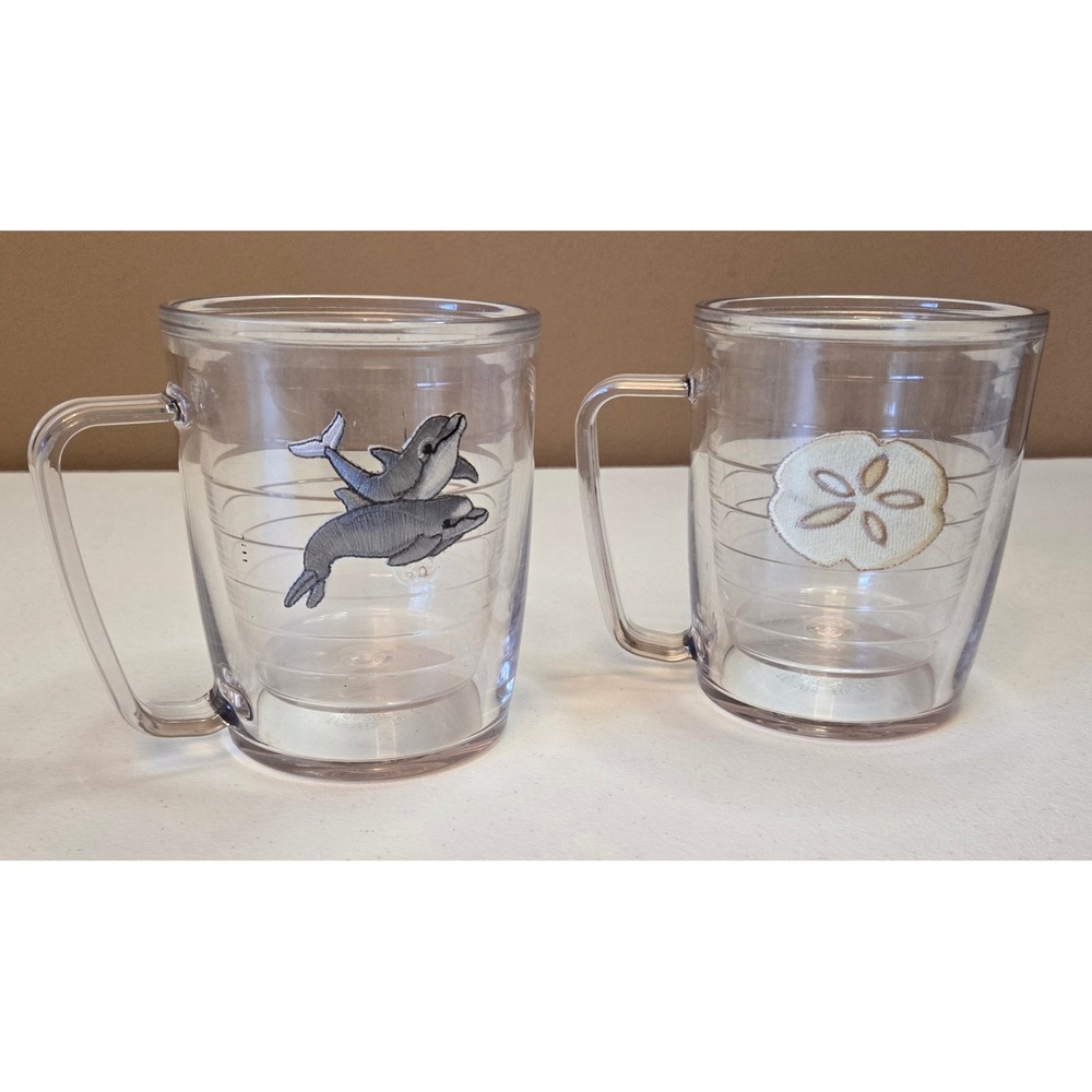 Tervis Tumbler Mugs Set of 2 Dolphins Sand Dollar Clear Insulated Coastal Cups